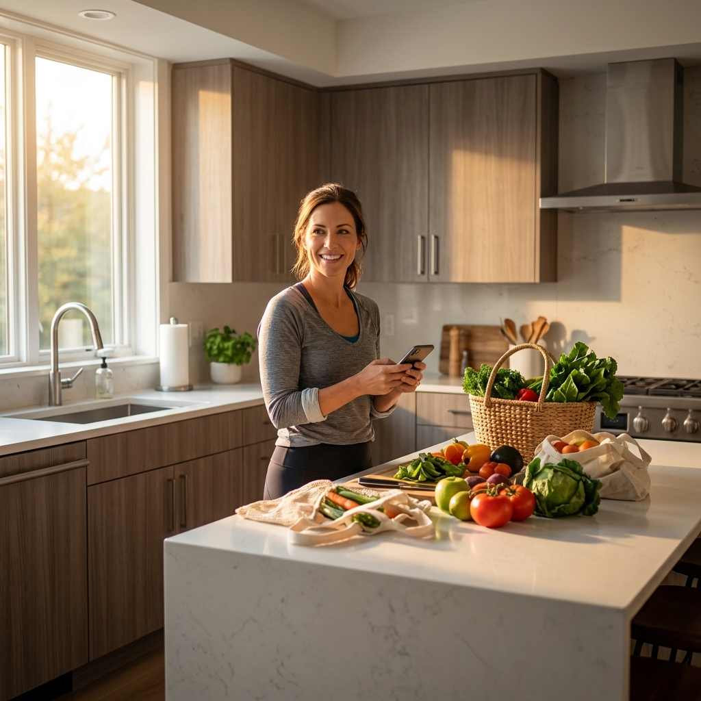 Happy fit woman in kitchen